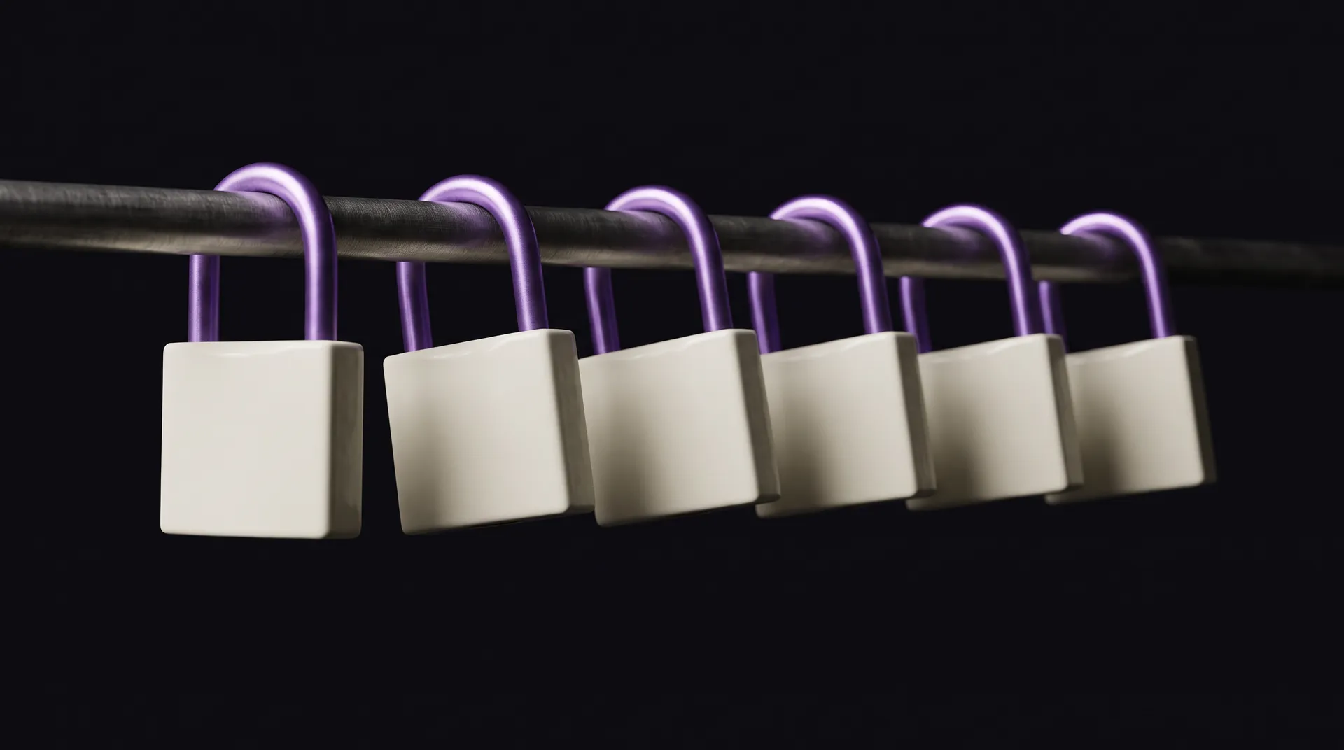 Seven padlocks hanging in a row from a steel rod